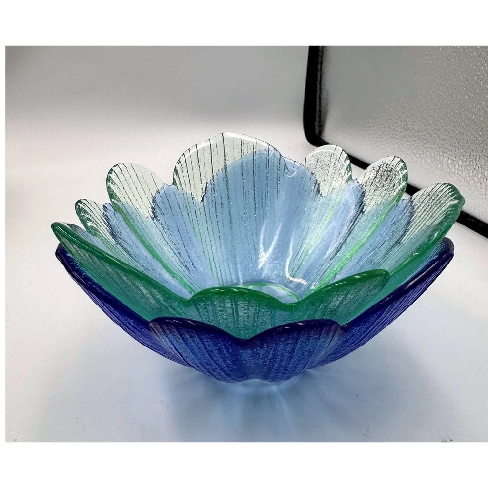 Vintage Style Textured Glass Flower Petal Bowls Set Cobalt Blue Seafoam Green